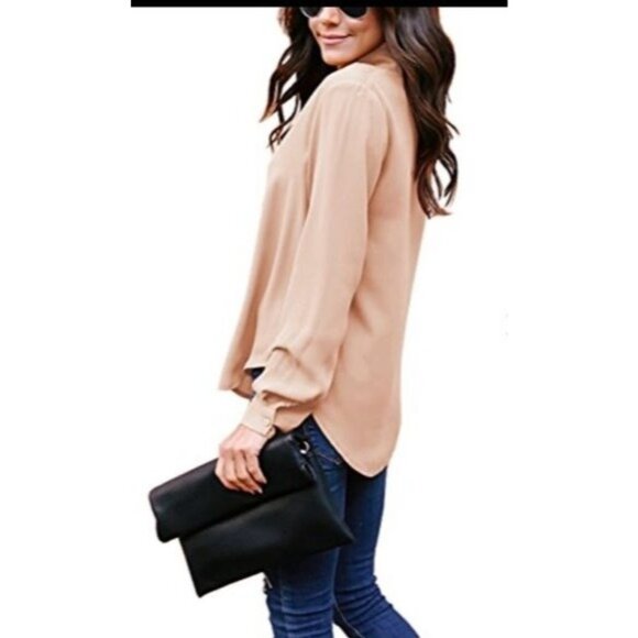 Yidarton Womens Blush Pink Long Sleeve Tie Neck Blouse Polyester M - Picture 8 of 8